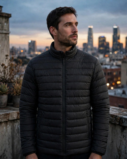 Vellor Lightweight Puffer Black, worn outdoors
