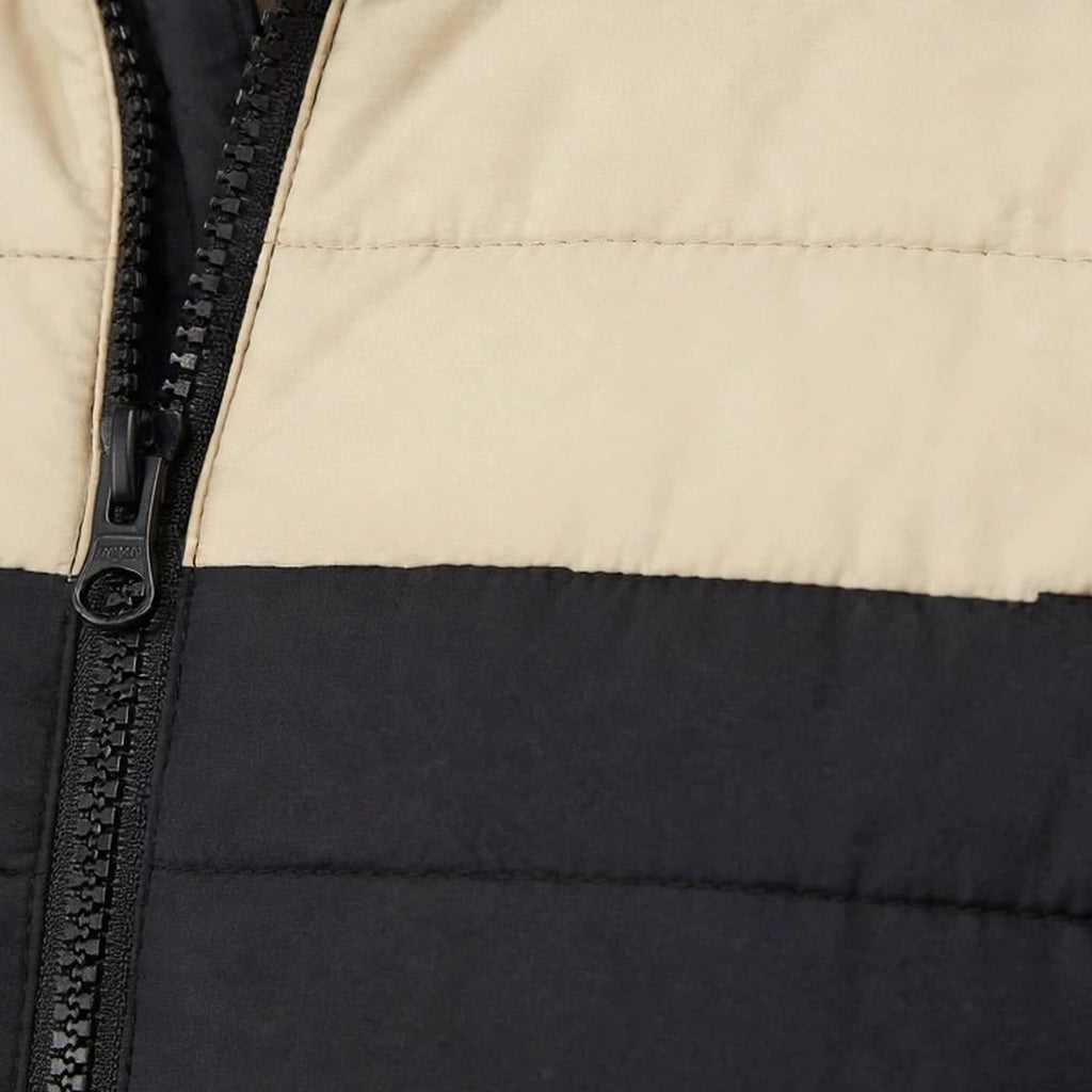 Vellor Colour-Block Puffer Black and Beige, zip and fabric detail