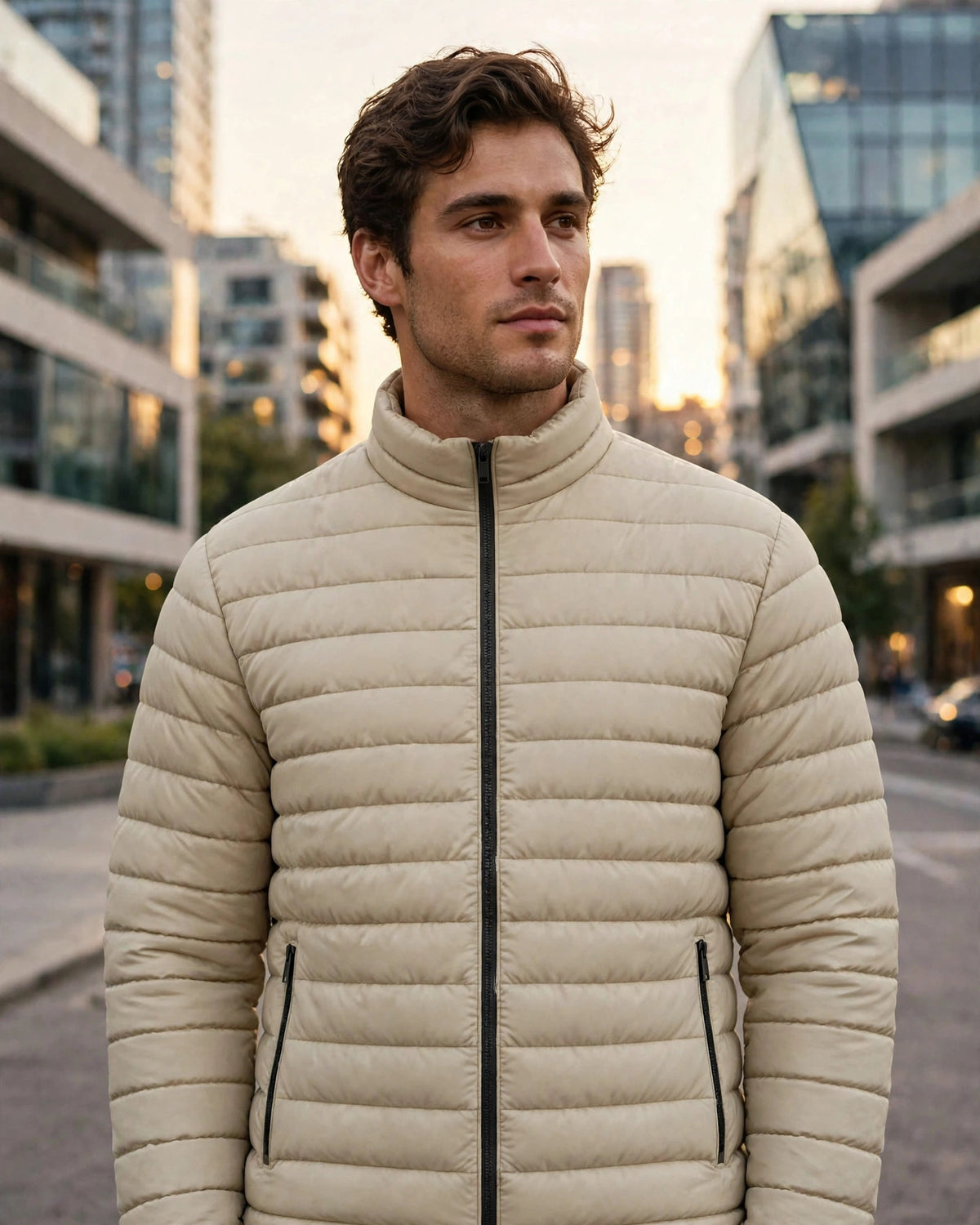 Vellor Lightweight Puffer Beige, worn outdoors