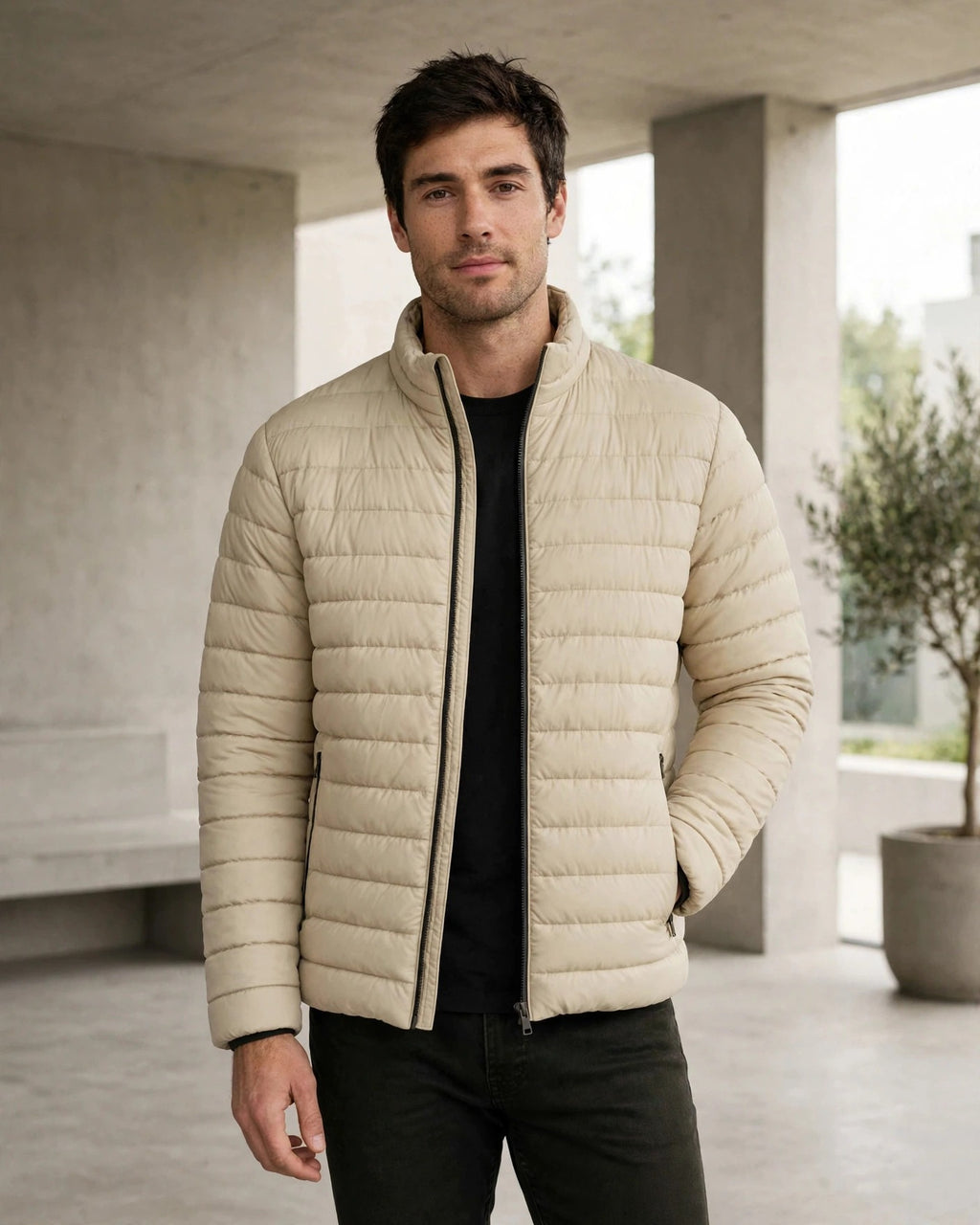 Vellor Lightweight Puffer Beige, worn outdoors, second look