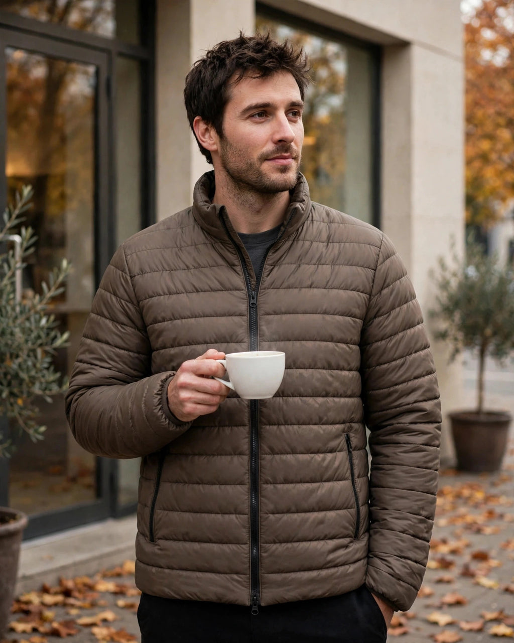 Vellor Lightweight Puffer Brown, worn outdoors