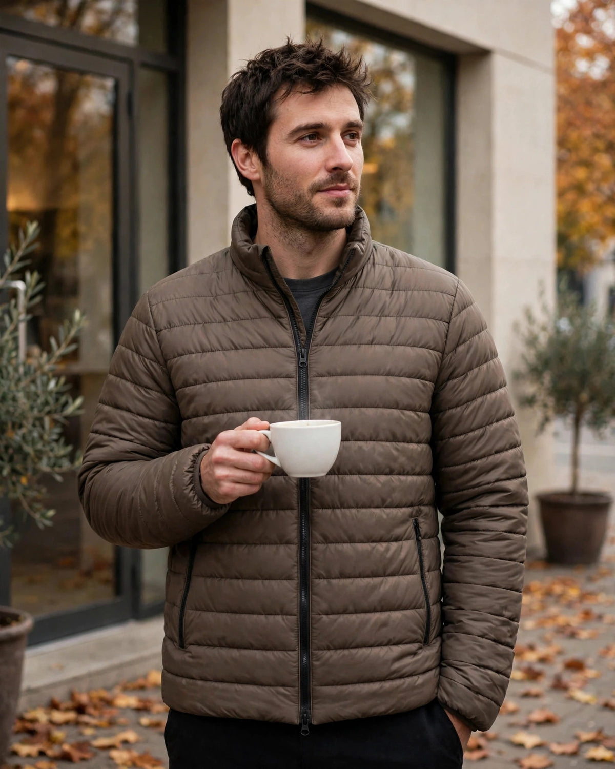 Vellor Lightweight Puffer Brown, worn outdoors