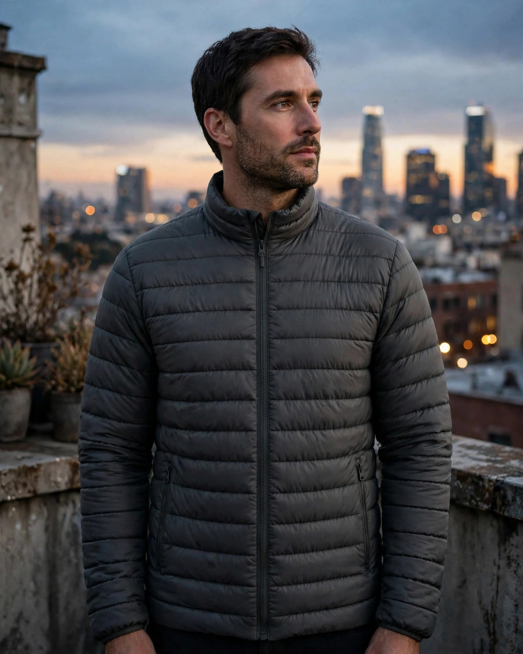 Vellor Lightweight Puffer Charcoal, worn outdoors