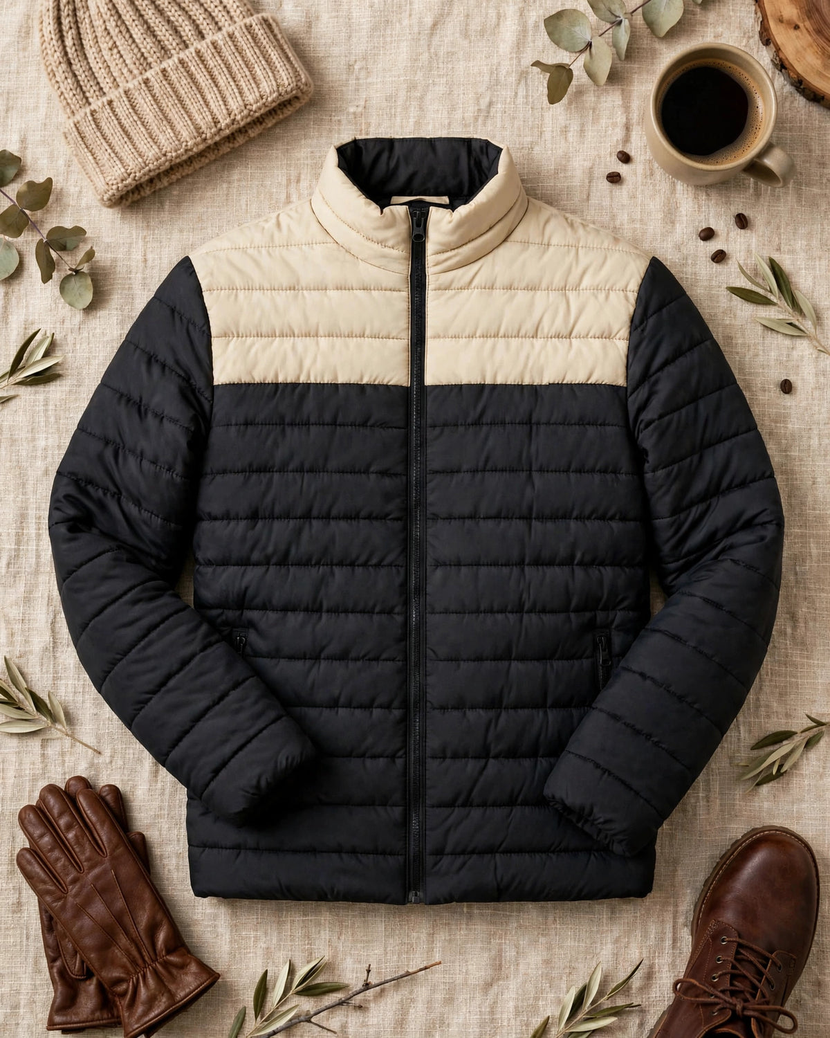 Vellor Colour-Block Puffer Black and Beige, worn outdoors
