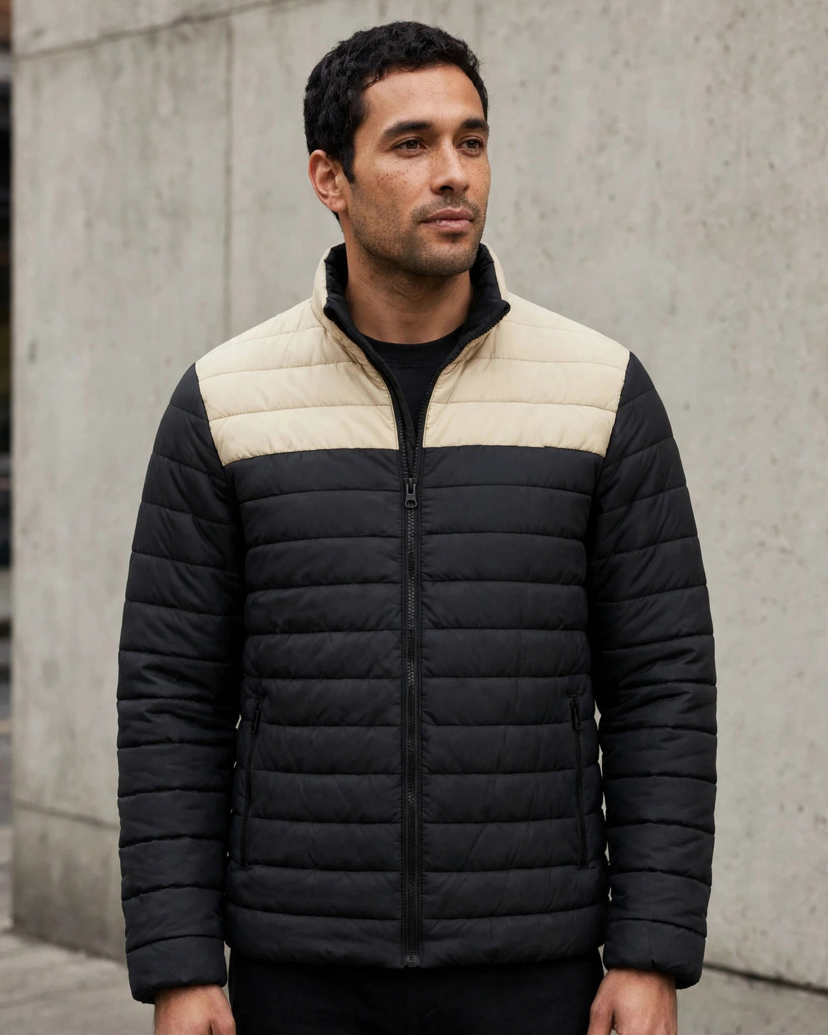 Vellor Colour-Block Puffer Black and Beige, worn outdoors, second look