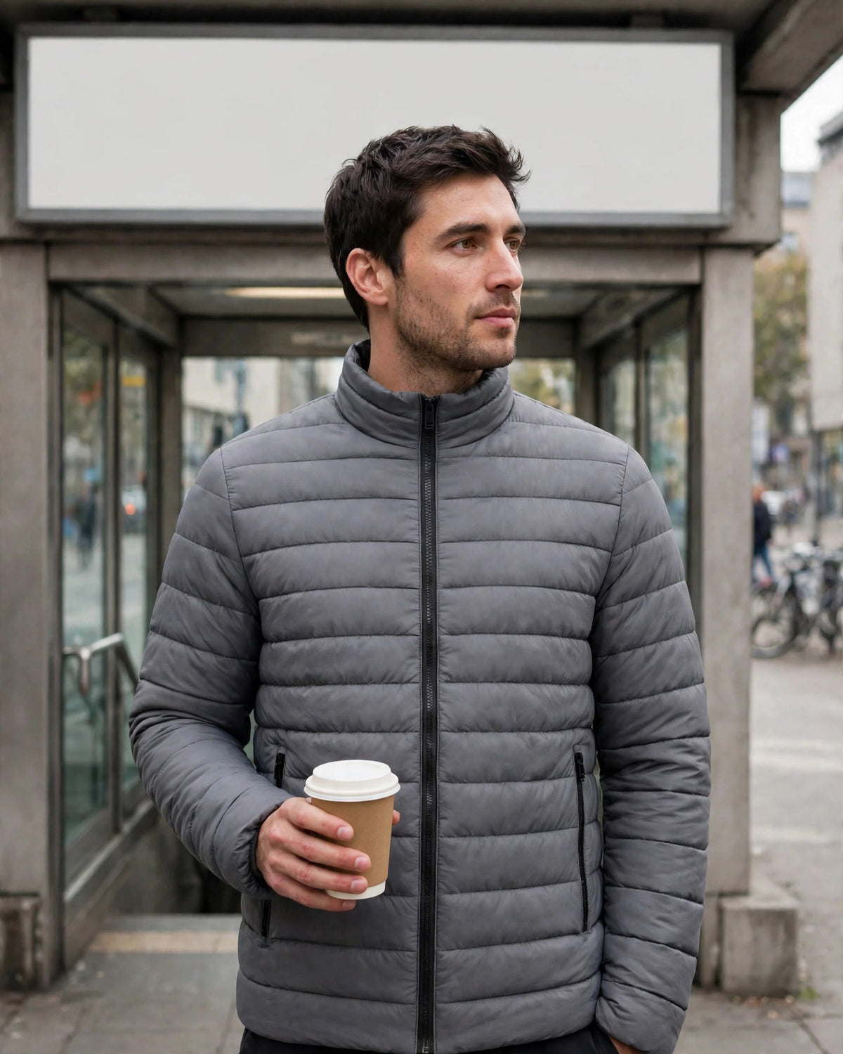 Vellor Lightweight Puffer Grey, worn outdoors, second look