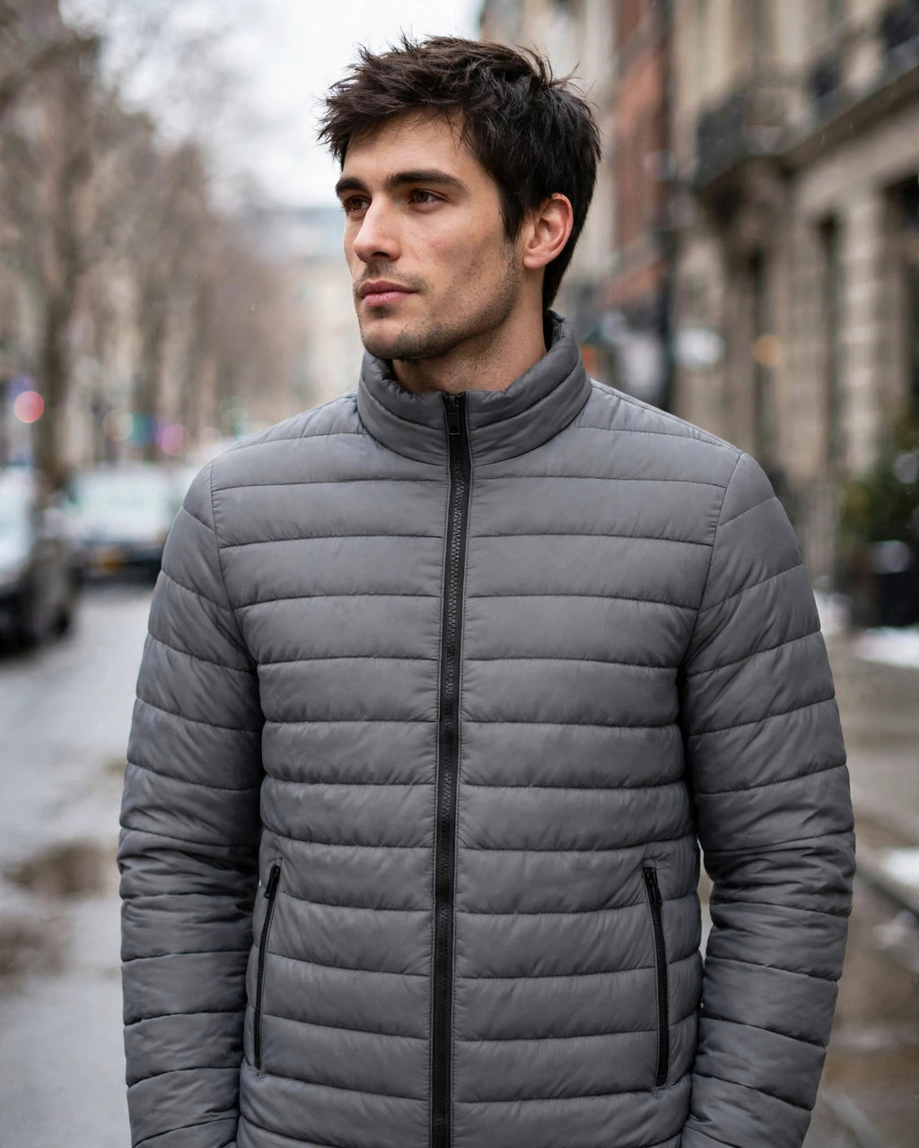 Vellor Lightweight Puffer Grey, worn outdoors