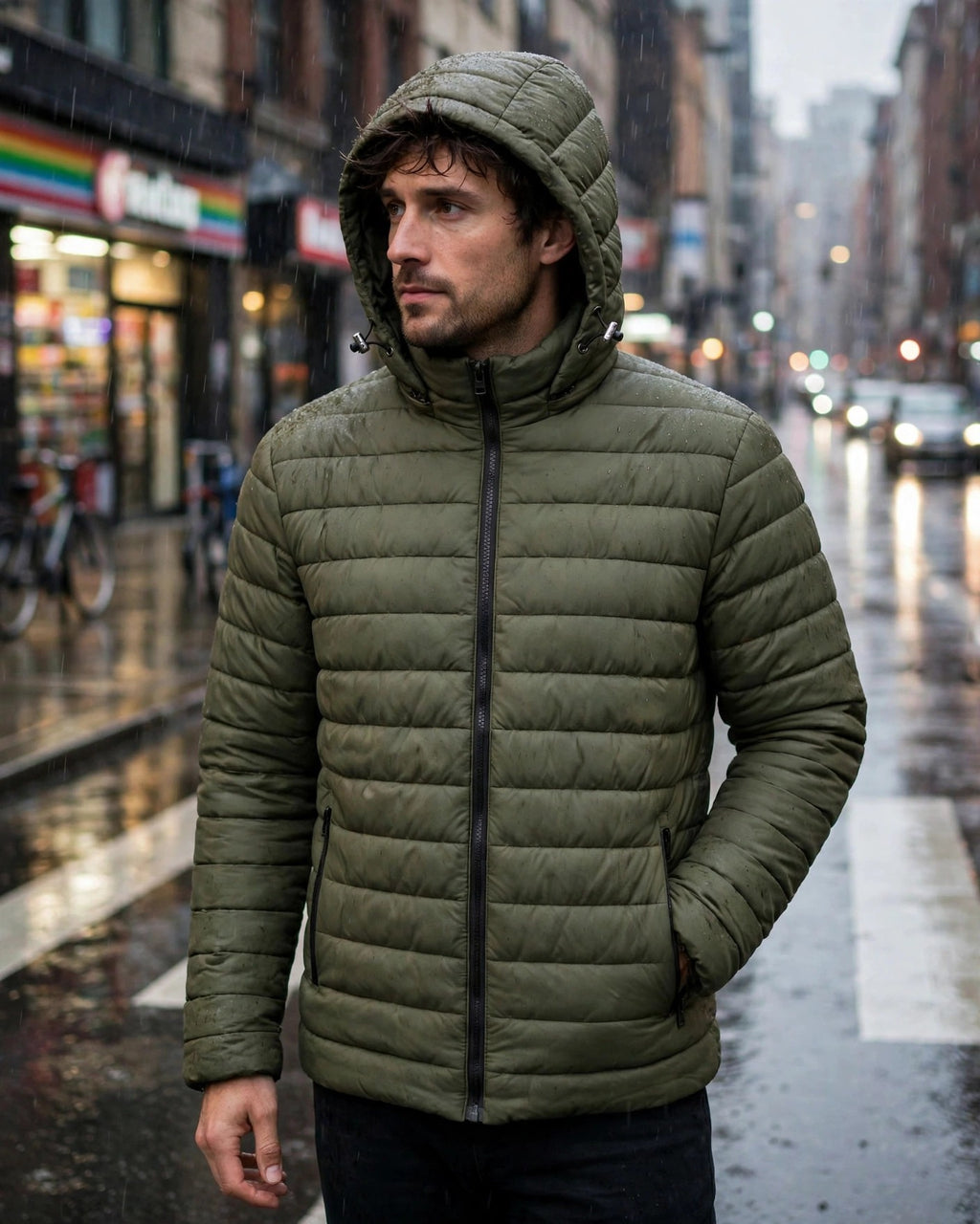 Vellor Hooded Puffer Olive, worn outdoors, second look
