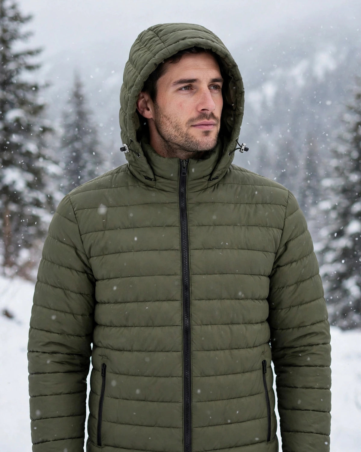 Vellor Hooded Puffer Olive, worn outdoors