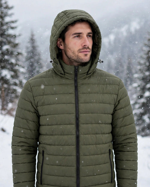 Vellor Hooded Puffer Olive, worn outdoors