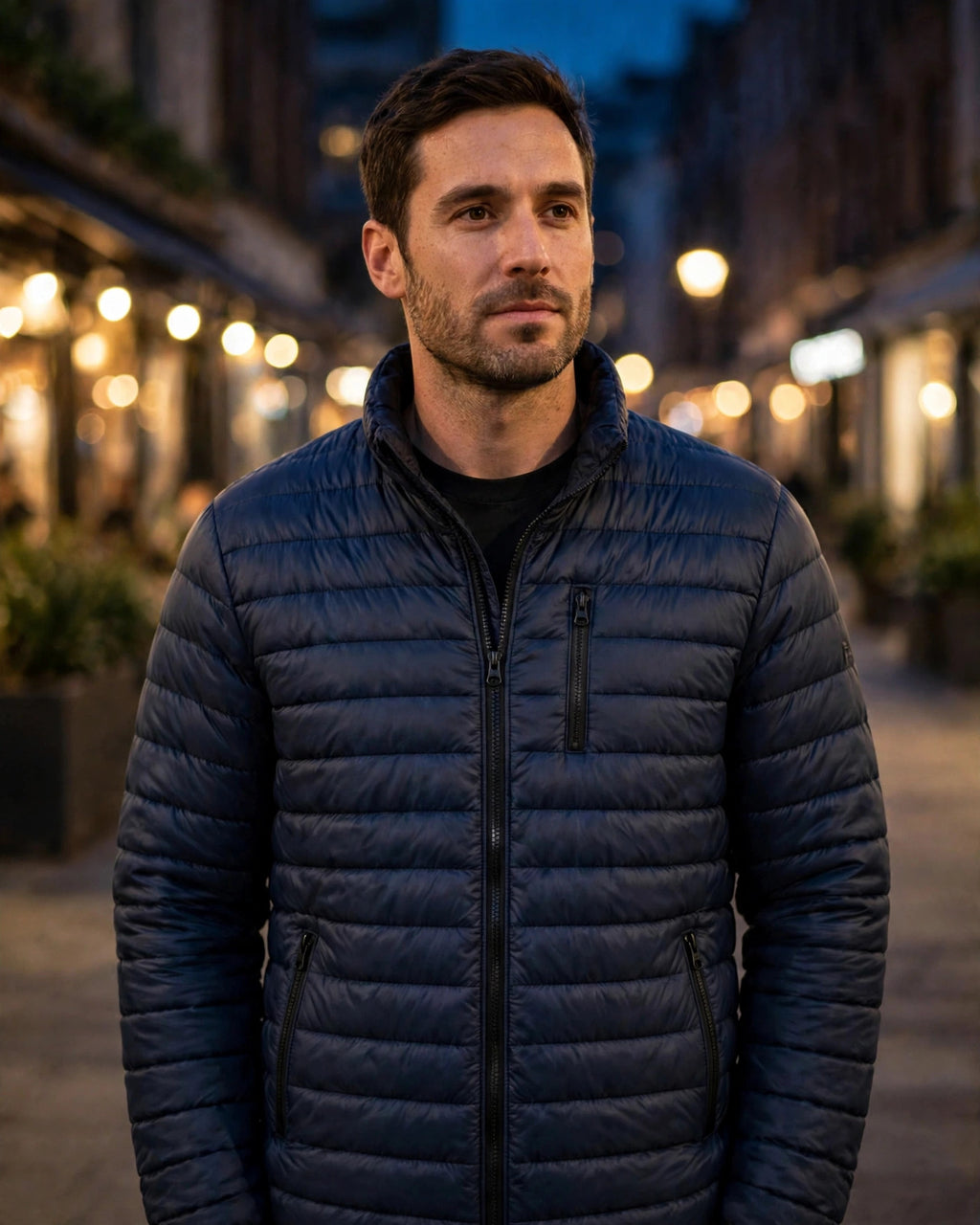 Vellor Lightweight Puffer Navy, worn outdoors