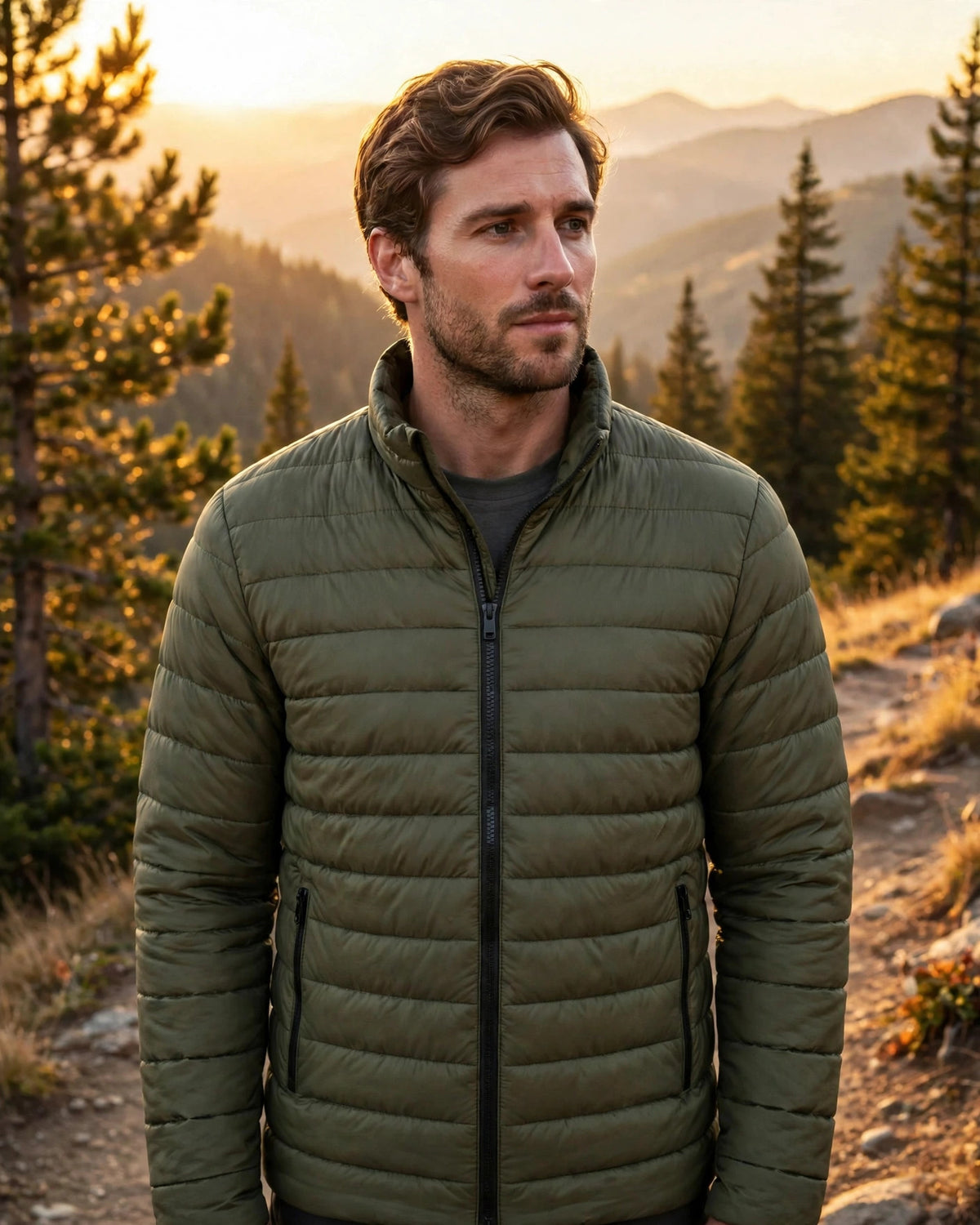 Vellor Lightweight Puffer Olive, worn outdoors