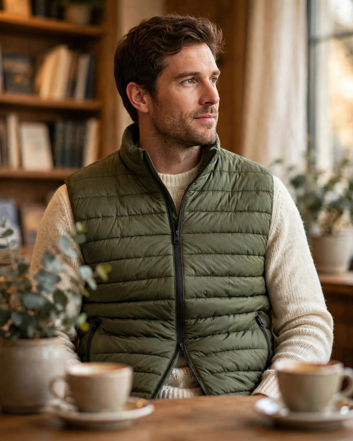 Vellor Puffer Vest Olive, worn outdoors
