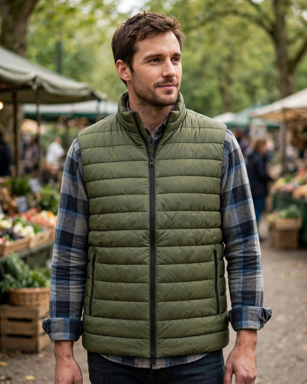 Vellor Puffer Vest Olive, worn outdoors, second look