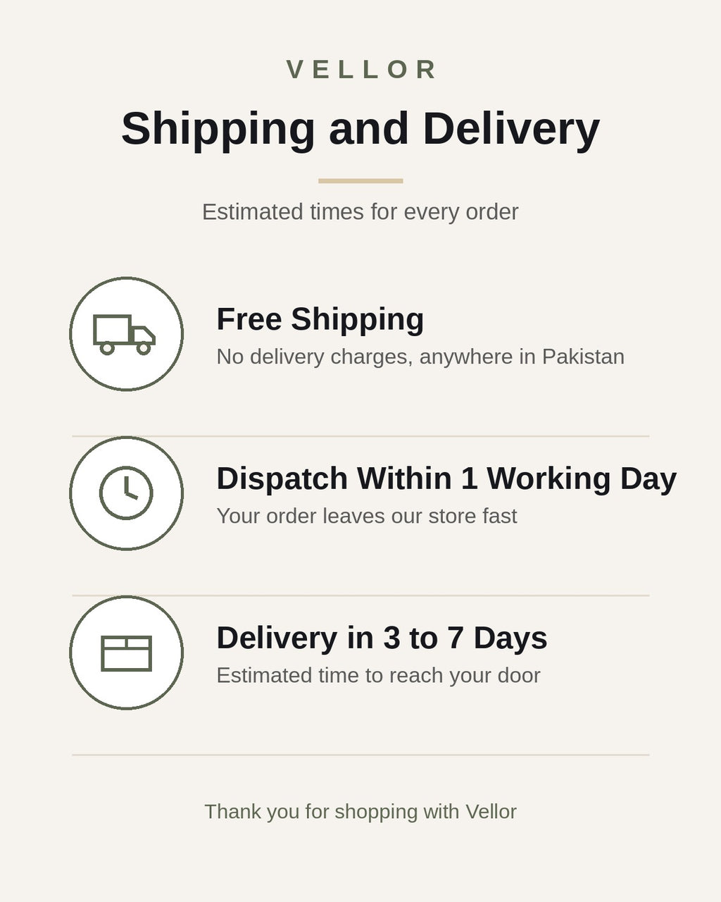 Vellor delivery info: free shipping, dispatched within 1 working day, delivery in 3 to 7 days