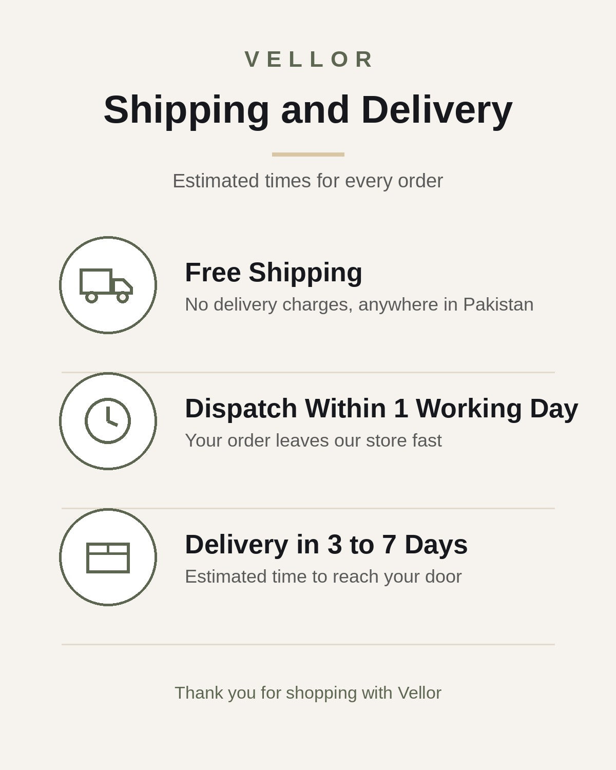 Vellor delivery info: free shipping, dispatched within 1 working day, delivery in 3 to 7 days