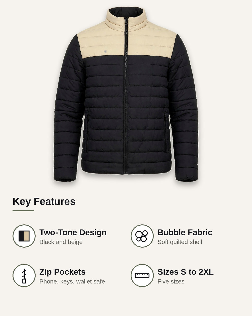 Vellor Colour-Block Puffer Black and Beige, key features