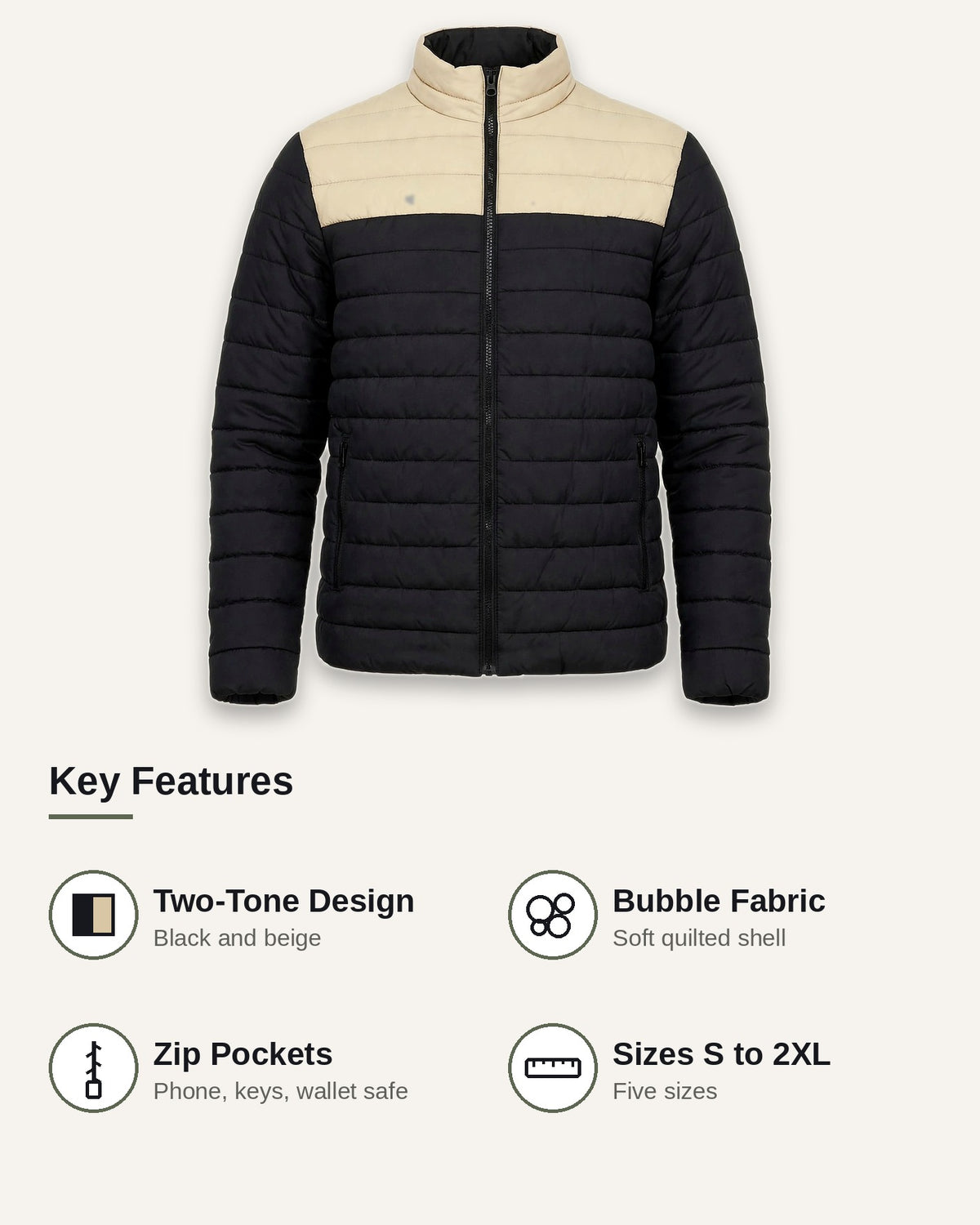 Vellor Colour-Block Puffer Black and Beige, key features