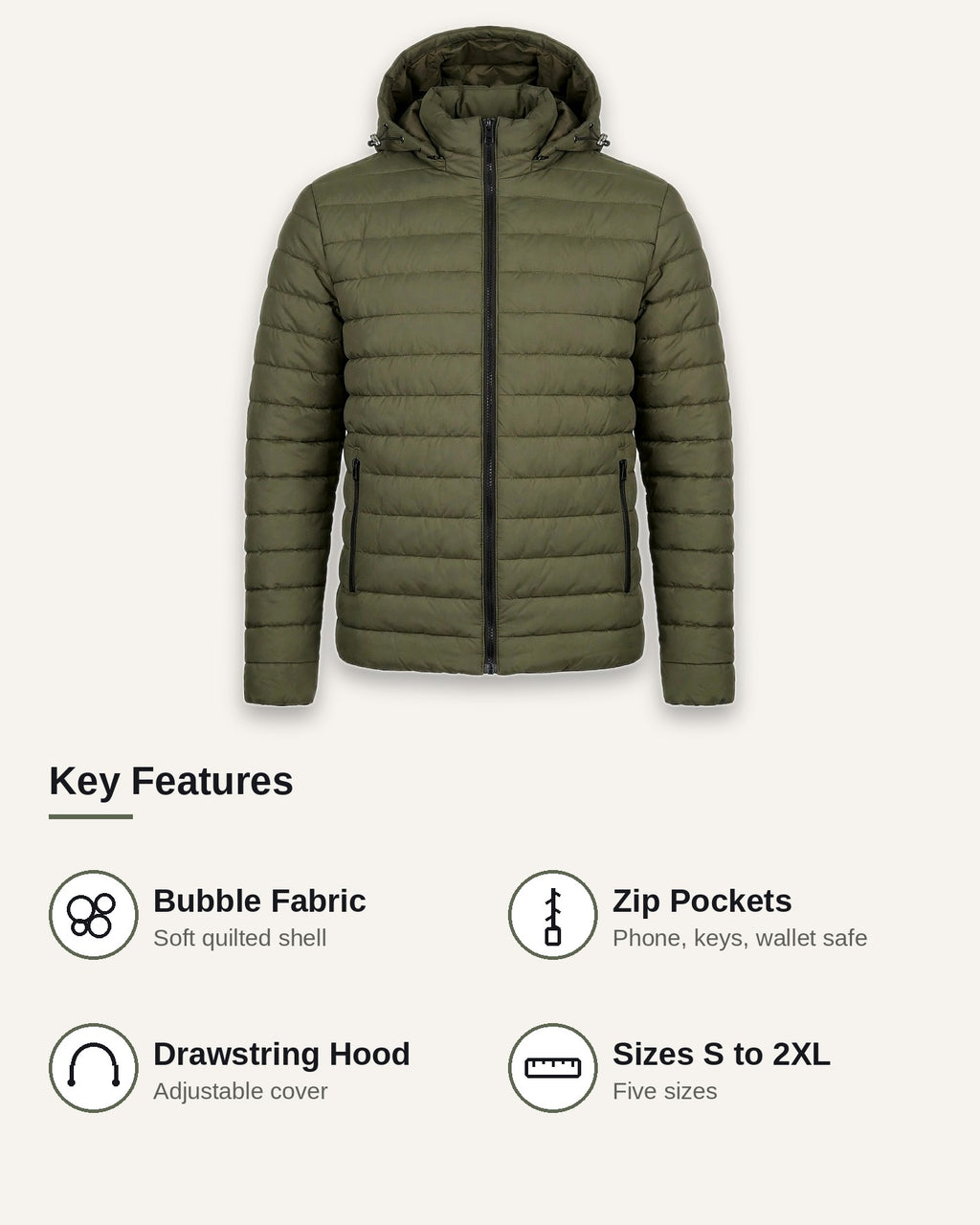 Vellor Hooded Puffer Olive, key features