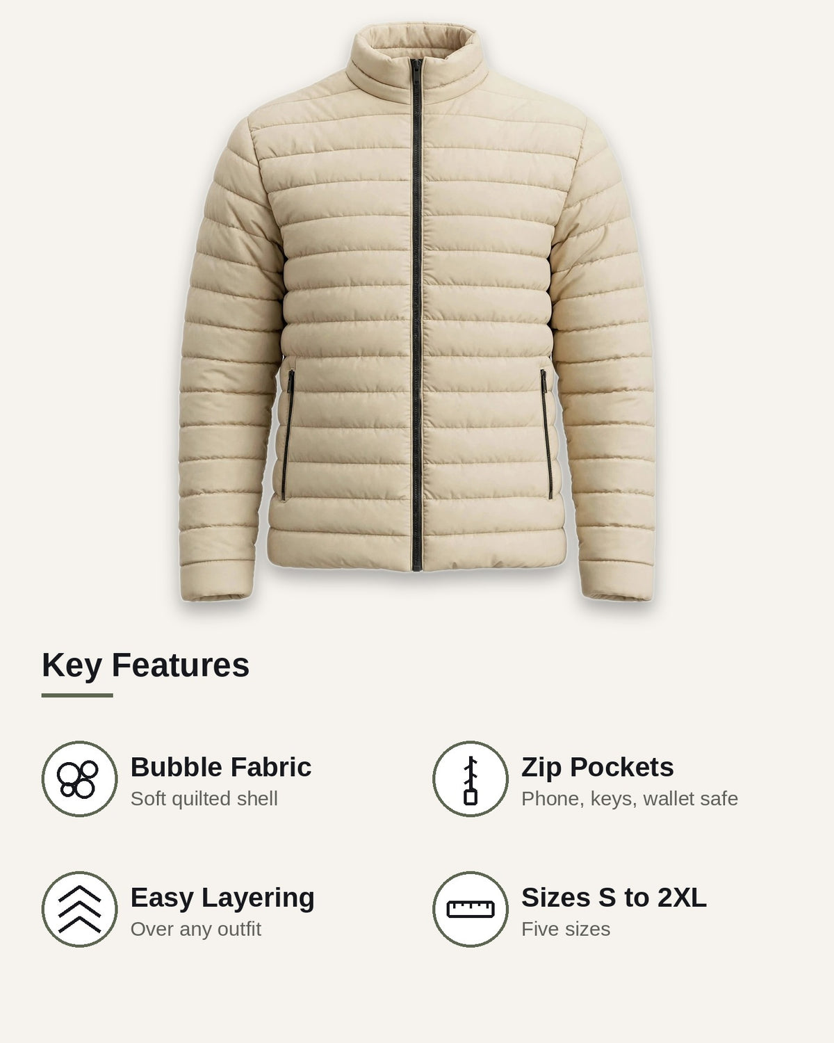 Vellor Lightweight Puffer Beige, key features