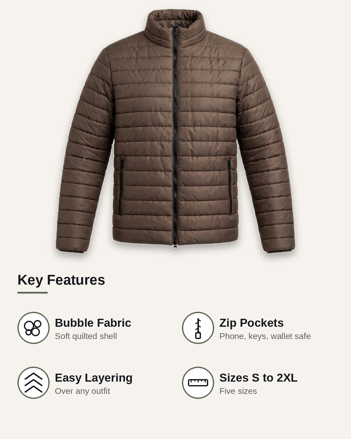 Vellor Lightweight Puffer Brown, key features
