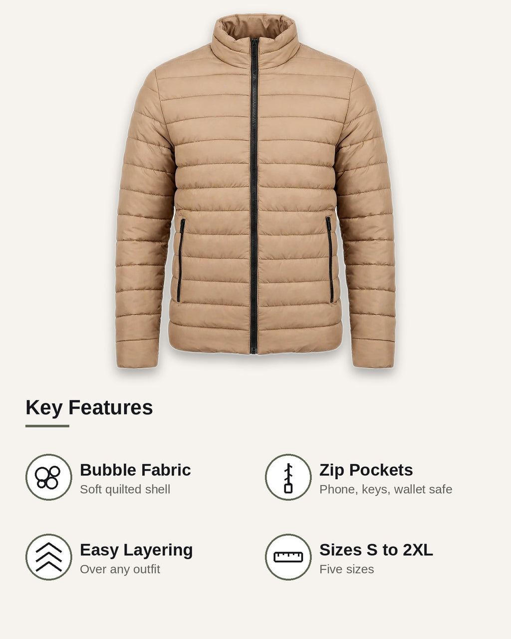 Vellor Lightweight Puffer Camel, key features