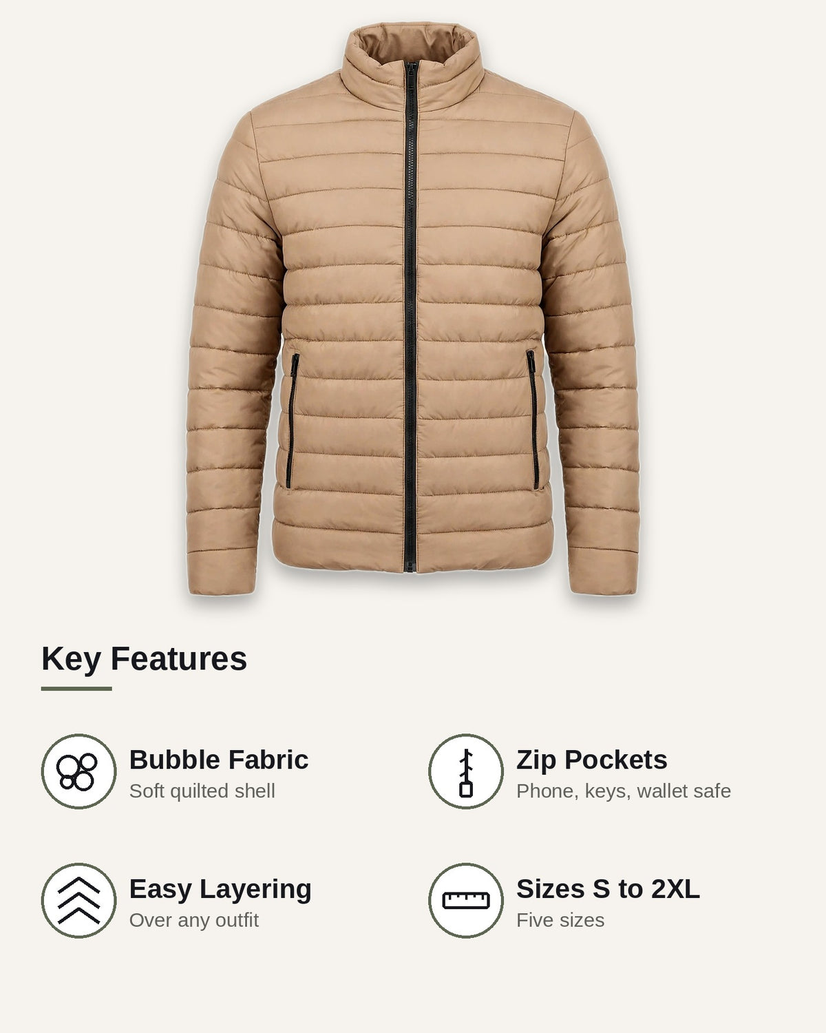 Vellor Lightweight Puffer Camel, key features