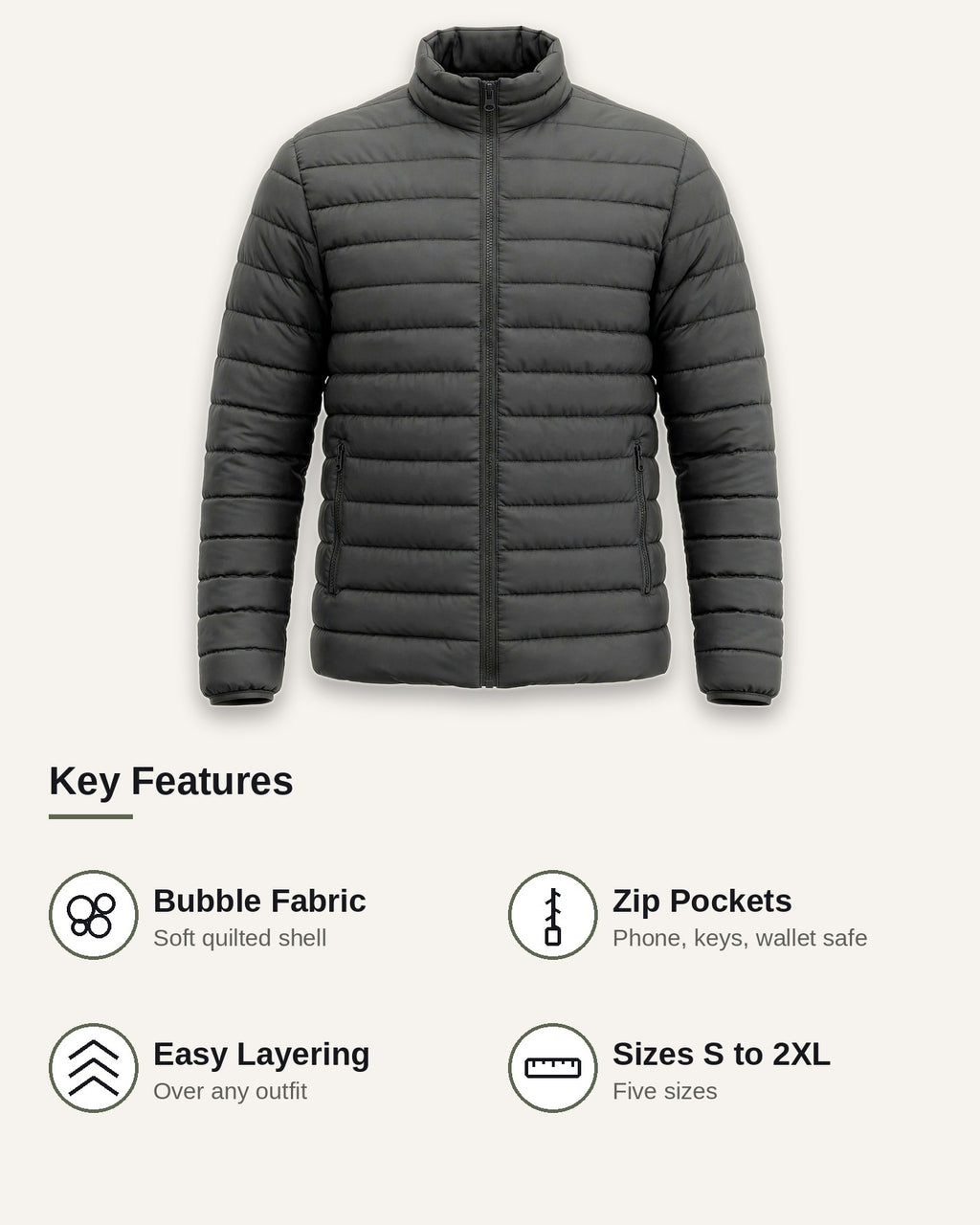 Vellor Lightweight Puffer Charcoal, key features
