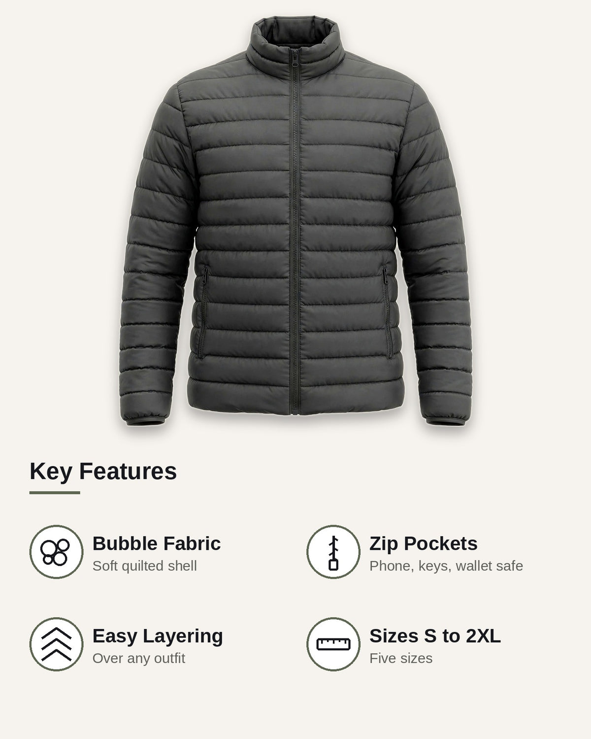 Vellor Lightweight Puffer Charcoal, key features
