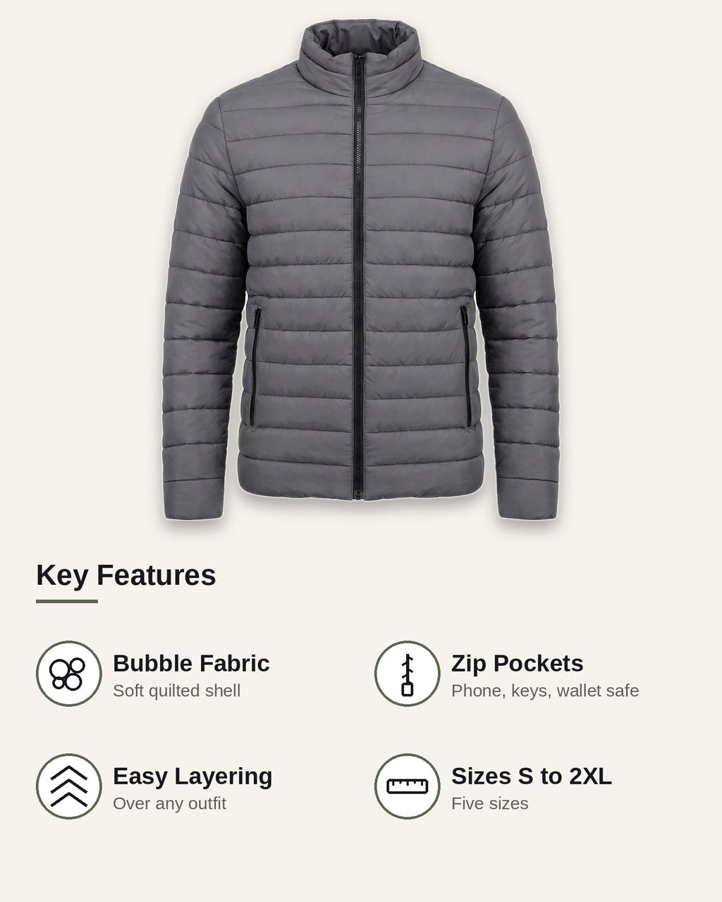 Vellor Lightweight Puffer Grey, key features