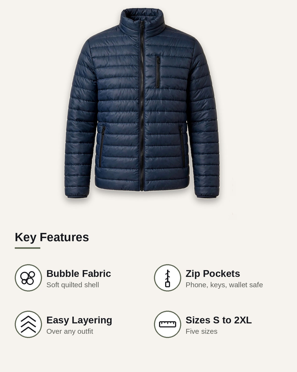 Vellor Lightweight Puffer Navy, key features