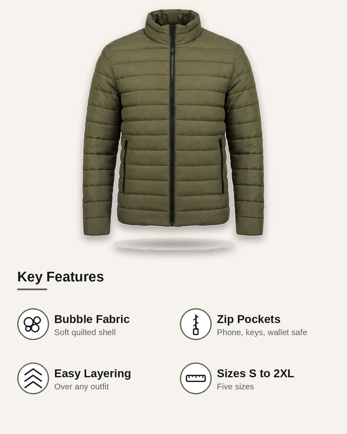 Vellor Lightweight Puffer Olive, key features