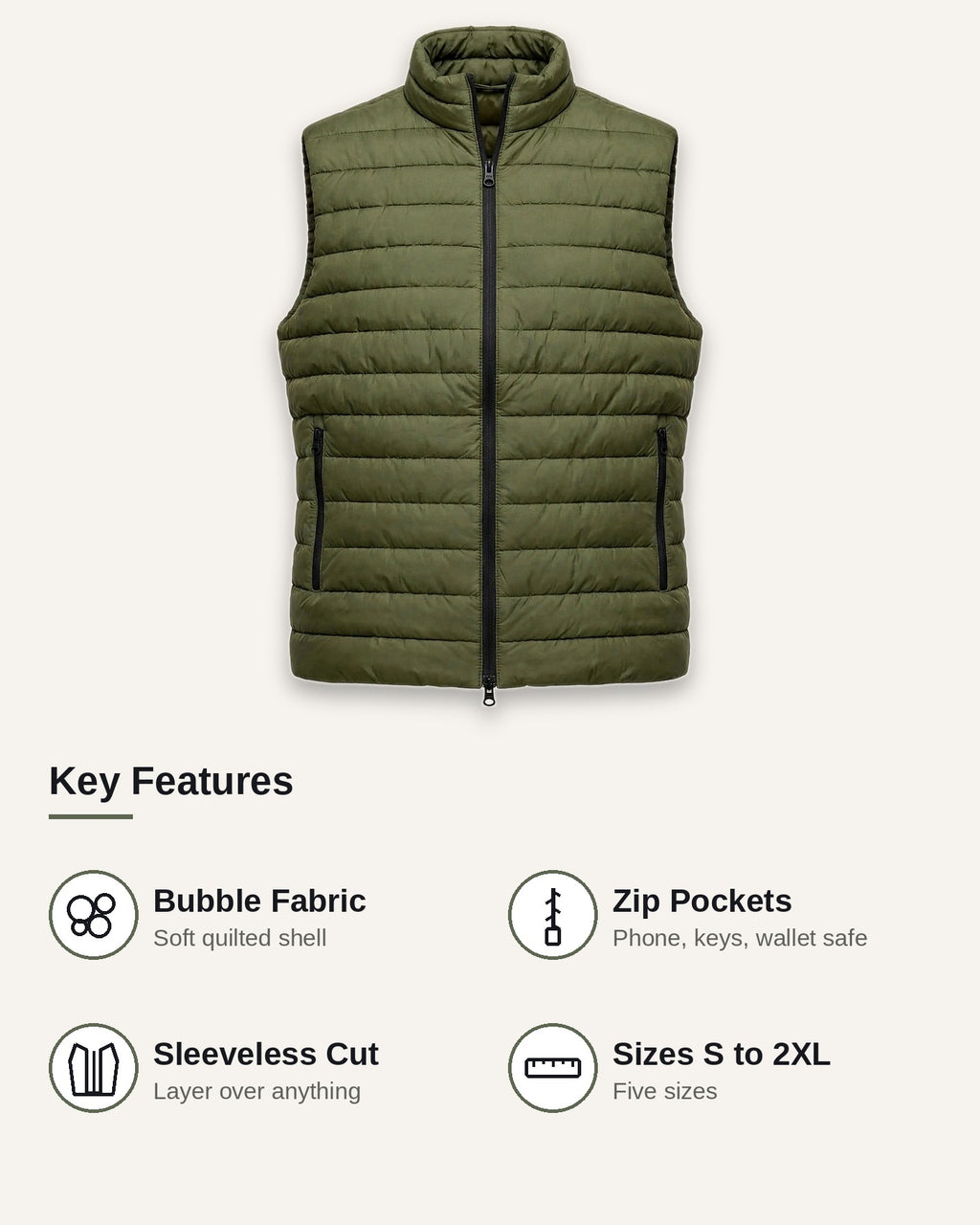 Vellor Puffer Vest Olive, key features