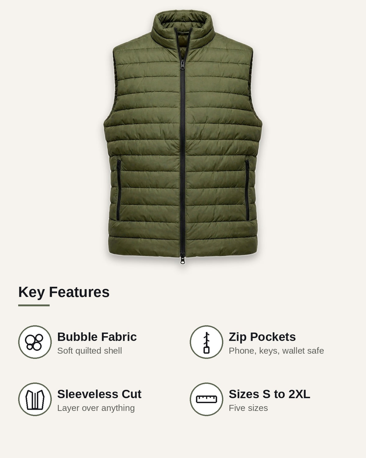 Vellor Puffer Vest Olive, key features