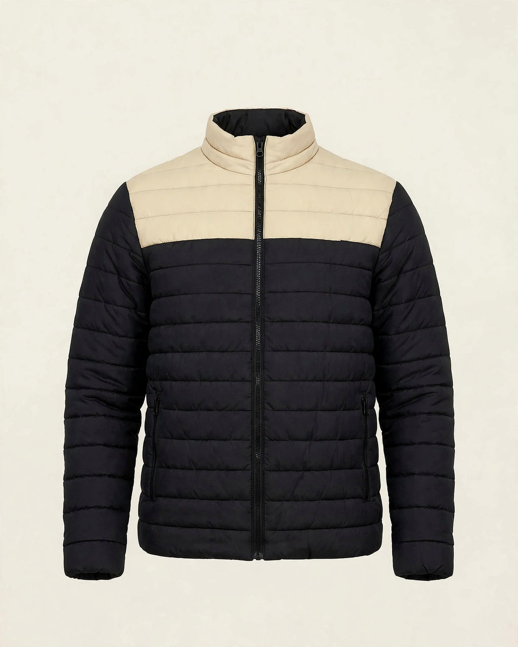 Vellor Colour-Block Puffer Black and Beige, front view
