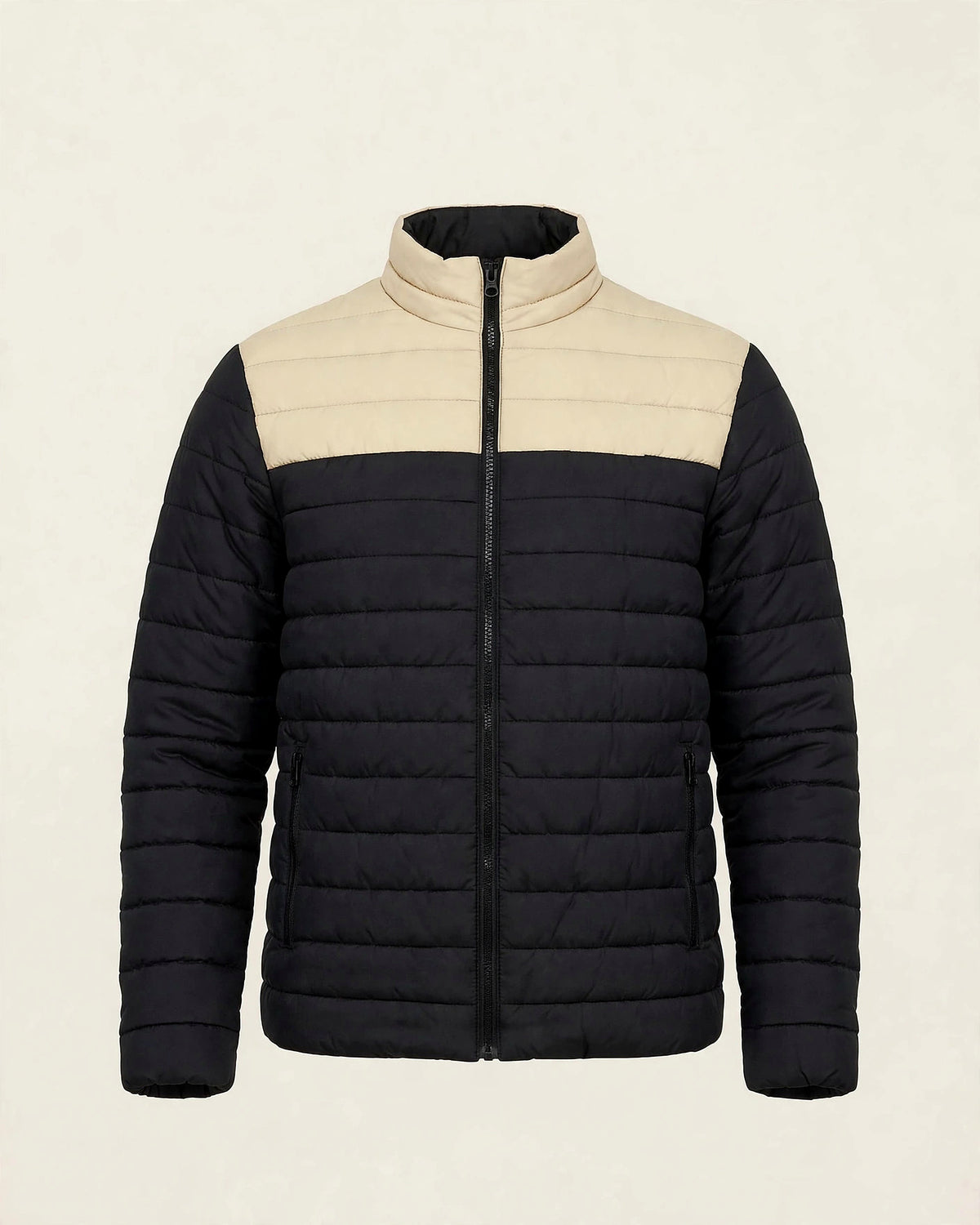 Vellor Colour-Block Puffer Black and Beige, front view